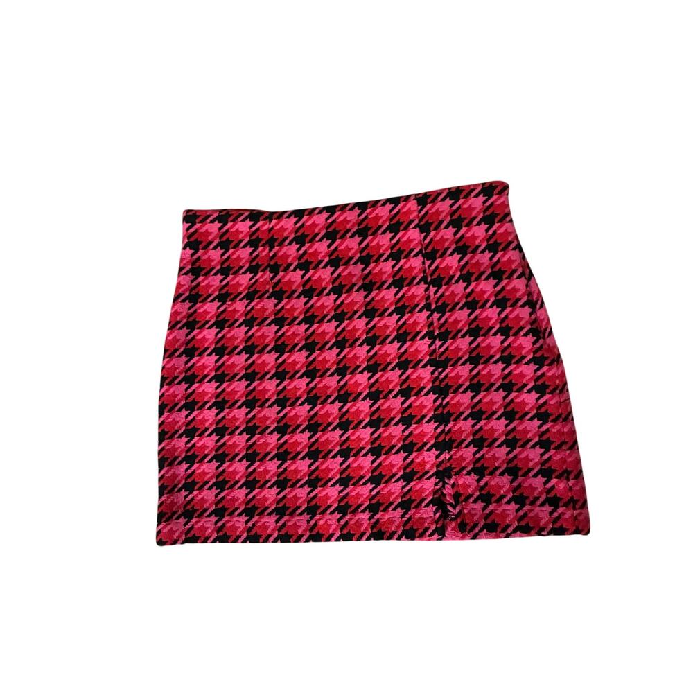 Francesca's Blue Rain Pink Red Houndstooth Tweed Mini Skirt L
